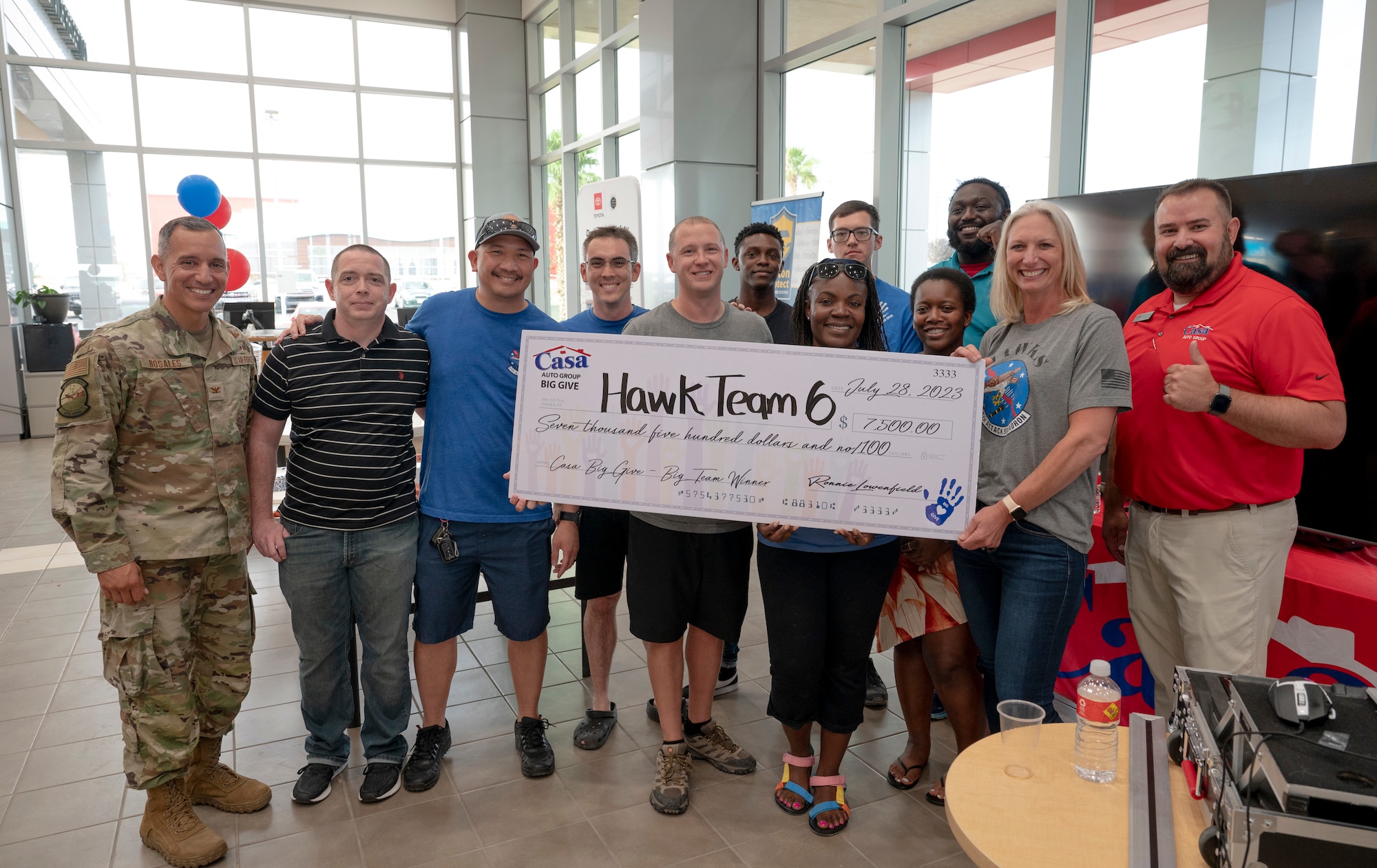 Members from the 6th Attack Squadron accept a check for winning first place in the large team category at the 2023 Casa’s Big Give at Casa Auto Group, Alamogordo, New Mexico, July 28, 2023. The 6th ATKS contributed over 400 volunteer hours and raised $4,000 to help refurbish the Riner Steinhoff soccer complex at Alamogordo High school, which was part of Casa’s Big Give funding for community improvement projects. (U.S. Air Force photo by Airman 1st Class Michelle Ferrari)