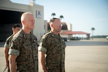 U.S. Marine Corps Maj. Gen. Paul J. Rock Jr., commander, U.S. Marine Corps Forces, Central Command, and Maj. Gen. Chris A. McPhillips, incoming commander, await the arrival of Gen. Eric M. Smith, Assistant Commandant of the Marine Corps, prior to the unit's change of command ceremony at MacDill Air Force Base, Florida, August 1, 2023. USMARCENT is designated as the Marine Corps service component for U.S. Central Command and is responsible for all Marine Corps forces in the CENTCOM area of responsibility.
