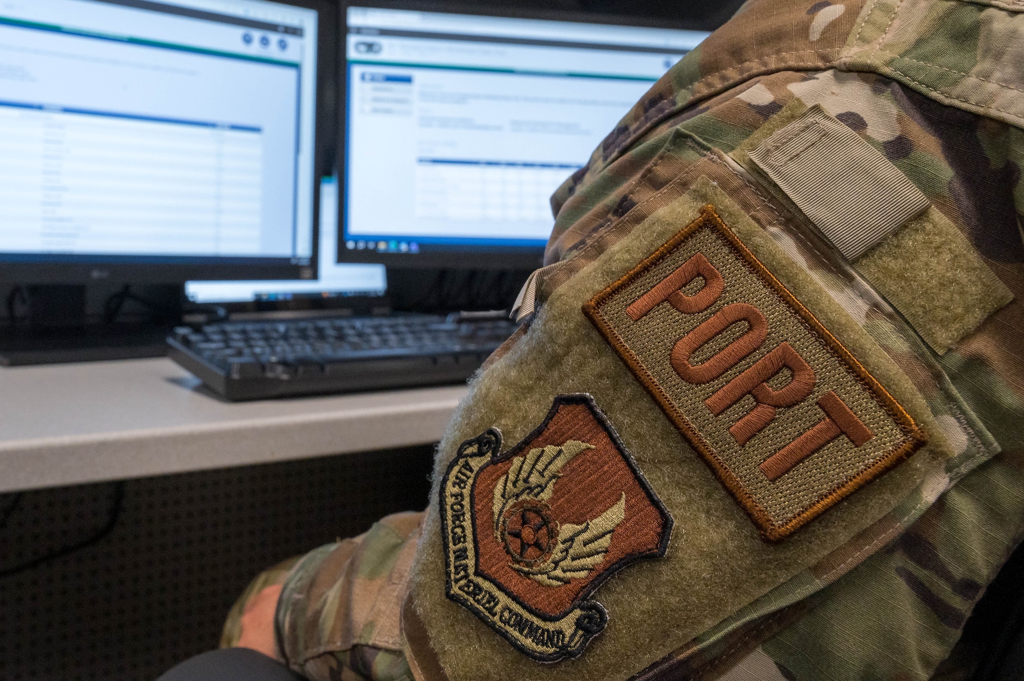 Senior Master Sgt. Chelsea Owens, Air Transportation superintendent with the Air Force Installation and Mission Support Center reviews reports entered on the Workload Data Tool, Joint Base San Antonio-Lackland, Texas, July 27, 2023. AFIMSC Deployment and Distribution Division’s Air Transportation Team developed data-based inventory tools to help the Department of the Air Force deliver faster and more efficient logistics support across the DOD. (Photo by Malcolm McClendon).