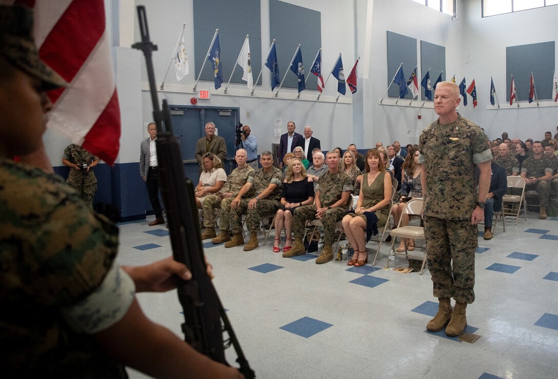 U.S. Marine Corps Maj. Gen. Paul J. Rock Jr., the outgoing commander for U.S. Marine Corps Forces, Central Command, receives honors as the unit's commander during a change of command ceremony at MacDill Air Force Base, Florida, August 1, 2023. Maj. Gen. Rock relinquished command of USMARCENT to Maj. Gen. Chris A. McPhillips. USMARCENT is designated as the Marine Corps service component for U.S. Central Command and is responsible for all Marine Corps forces in the CENTCOM area of responsibility.