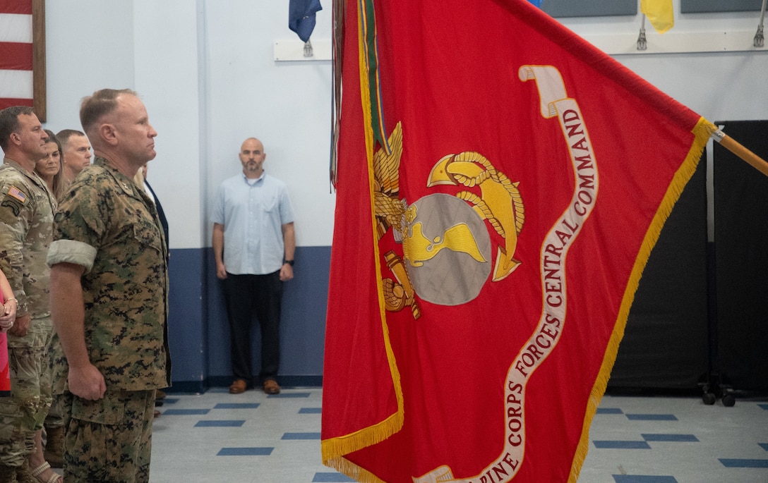 U.S. Marine Corps Maj. Gen. Chris A. McPhillips recieves honors as the new commander of U.S. Marine Corps Forces, Central Command at MacDill Air Force Base, Florida, August 1, 2023.USMARCENT is designated as the Marine Corps service component for U.S. Central Command and is responsible for all Marine Corps forces in the CENTCOM area of responsibility.