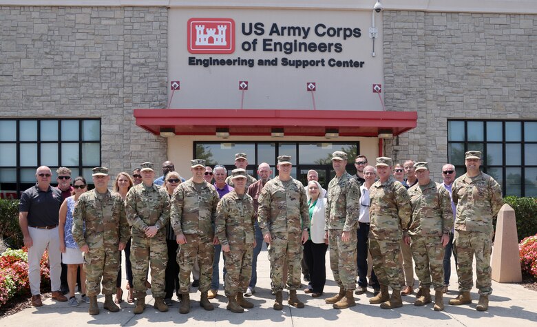 The attendees of the U.S. Army Corps of Engineers, South Atlantic Division fourth quarter FY 2023 Regional Governance Meeting pose for a group photo outside the Huntsville Engineering Support Center in Huntsville, Alabama, July 27, 2023. The four-day meeting provided the attendees the opportunity to present topics for decision to the SAD commander and offered site visits to the various projects around Redstone Arsenal. (U.S. Army photo by Chuck Walker)