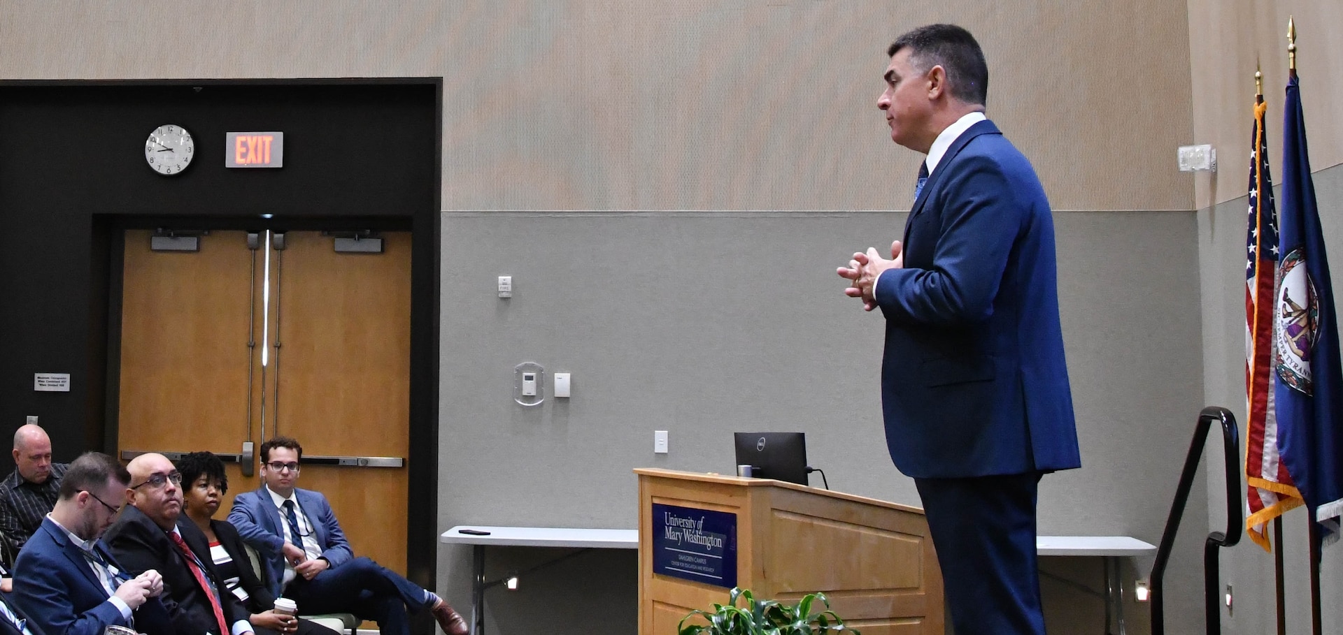 IMAGE: Naval Surface Warfare Center Dahlgren Division (NSWCDD) Technical Director Dale Sisson Jr., SES, addresses the crowd with opening remarks at the NSWCDD Modeling and Simulation (M&S) Community of Interest M&S Summit July 25 at University of Mary Washington’s Dahlgren Campus.