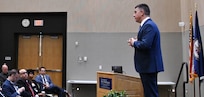 IMAGE: Naval Surface Warfare Center Dahlgren Division (NSWCDD) Technical Director Dale Sisson Jr., SES, addresses the crowd with opening remarks at the NSWCDD Modeling and Simulation (M&S) Community of Interest M&S Summit July 25 at University of Mary Washington’s Dahlgren Campus.