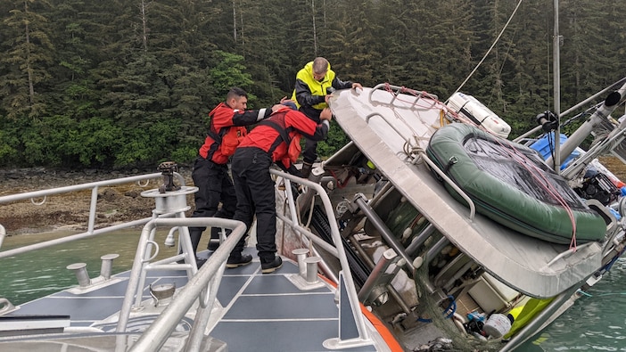 A 45-foot Response Boat-Medium crew from Coast Guard Station Juneau safely evacuates a man in the Gastineau Channel, near Juneau, Alaska, Aug. 1, 2023. The man was safely transported in stable condition to Harris Harbor. Coast Guard courtesy photo.