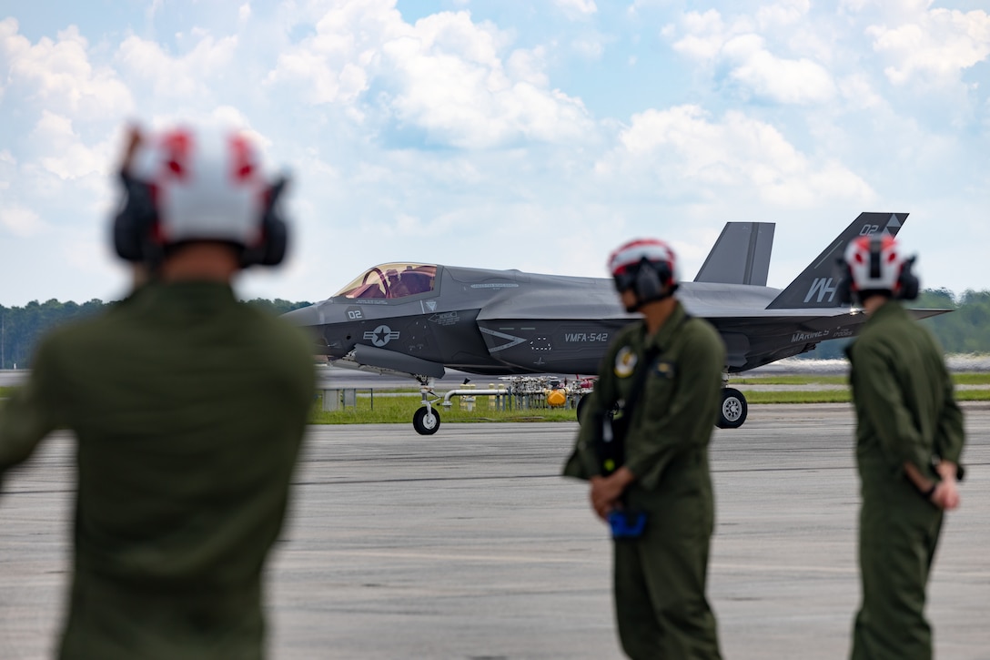 U.S. Marine Corps Maj. David Faerber, an F-35B Lightning II pilot with Marine Fighter Attack Squadron (VMFA) 542, lands at Marine Corps Air Station Cherry Point, North Carolina, July 25, 2023. Exercise Razor Talon was an opportunity for VMFA-542 to maintain readiness by training and improving proficiency in joint operations in eastern North Carolina. VMFA-542 is a subordinate unit of 2nd Marine Aircraft Wing, the aviation combat element of II Marine Expeditionary Force.  (U.S. Marine Corps photo by Lance Cpl. Madison Blackstock)
