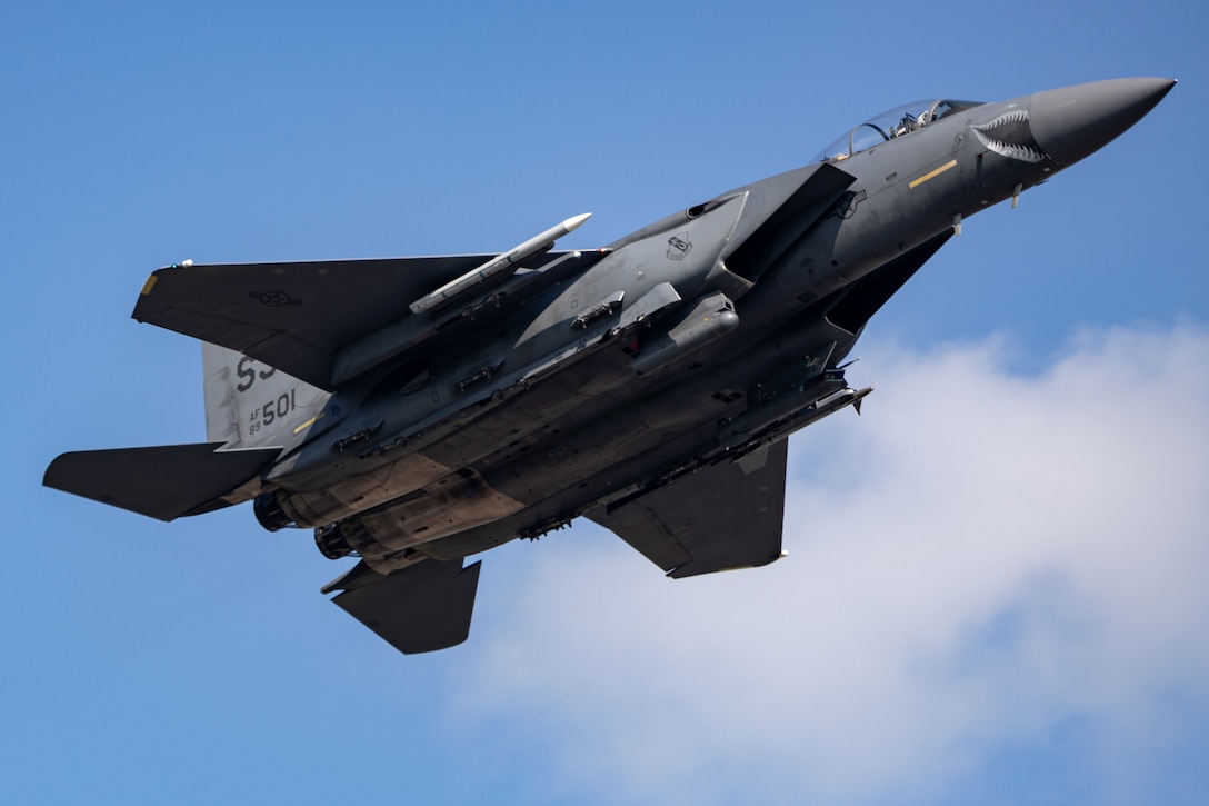 A U.S. Air Force F-15E Strike Eagle, assigned to the 335th Fighter Squadron, flies over Marine Corps Air Station Cherry Point, North Carolina, July 26, 2023. Exercise Razor Talon was an opportunity for 2nd Marine Aircraft Wing (MAW) and the U.S. Air Force to maintain readiness by training and improving proficiency in joint operations in eastern North Carolina. 2nd MAW is the aviation combat element of II Marine Expeditionary Force. (U.S. Marine Corps photo by Lance Cpl. Madison Blackstock