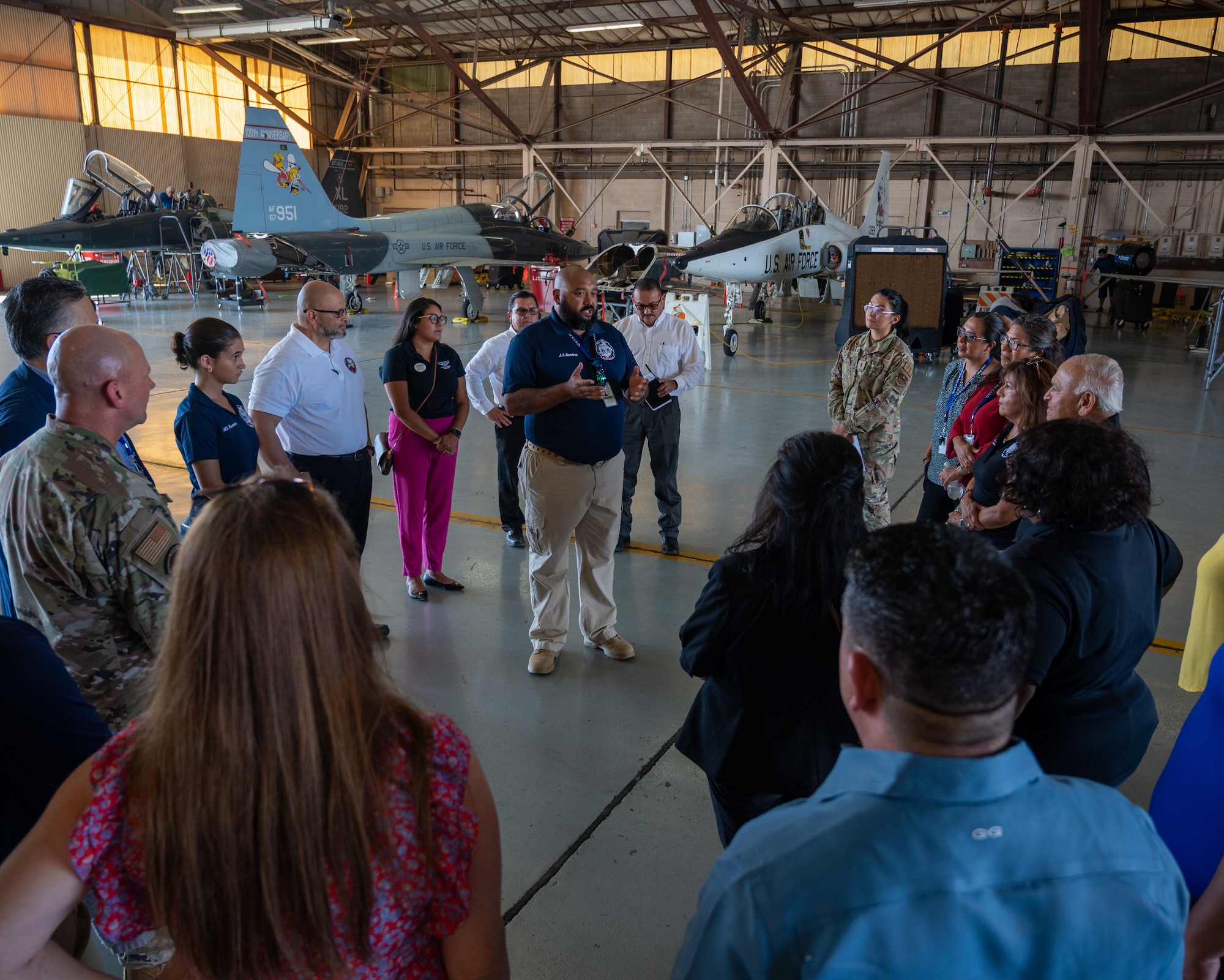 Joe Frank Ramirez, Career and Technical Education director, discusses the merits of the Grow Your Own program at Laughlin Air Force Base, Texas, July 18, 2023. The Grow Your Own program allows Laughlin to reach out to the local community and provide experience to high schoolers interested in joining the military or the government civilian workforce. During their time at Laughlin, program attendees are partnered up with an experienced supervisor, who shows them how to do the tasks assigned to them. (U.S. Air Force photo by Senior Airman Nicholas Larsen)