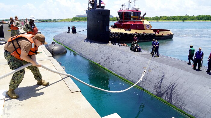 A photo of the Los Angeles-class fast-attack submarine USS Albany (SSN 753) conducted a port visit to Cape Canaveral for an ordnance reload, personnel transfer, and brief liberty call before heading back to sea. Los Angeles-class fast-attack submarines are capable of supporting various missions, including anti-submarine warfare, anti-surface ship warfare, strike warfare, and intelligence, surveillance, and reconnaissance.