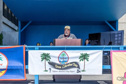 Jeff Blas, quality assurance specialist, Code 136.1, Non-Nuclear Quality Assurance, at Puget Sound Naval Shipyard & Intermediate Maintenance Facility in Bremerton, Washington, speaks to workforce members about the importance of Guam Liberation Day. (U.S. Navy photo by Jeb Fach)