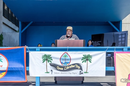 Jeff Blas, quality assurance specialist, Code 136.1, Non-Nuclear Quality Assurance, at Puget Sound Naval Shipyard & Intermediate Maintenance Facility in Bremerton, Washington, speaks to workforce members about the importance of Guam Liberation Day. (U.S. Navy photo by Jeb Fach)