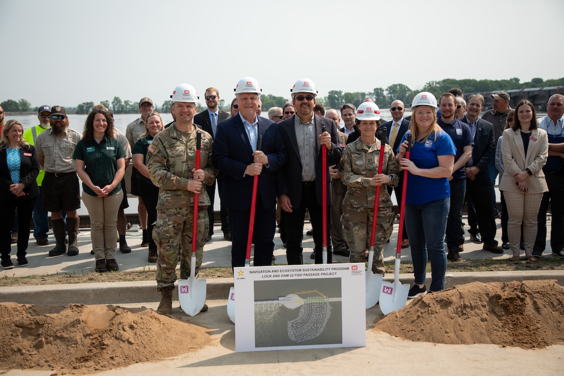 A groundbreaking ceremony was held at Lock and Dam 22 in Hannibal, Missouri, on May 18, 2023 to commemorate the start of the Fish Passage Project.