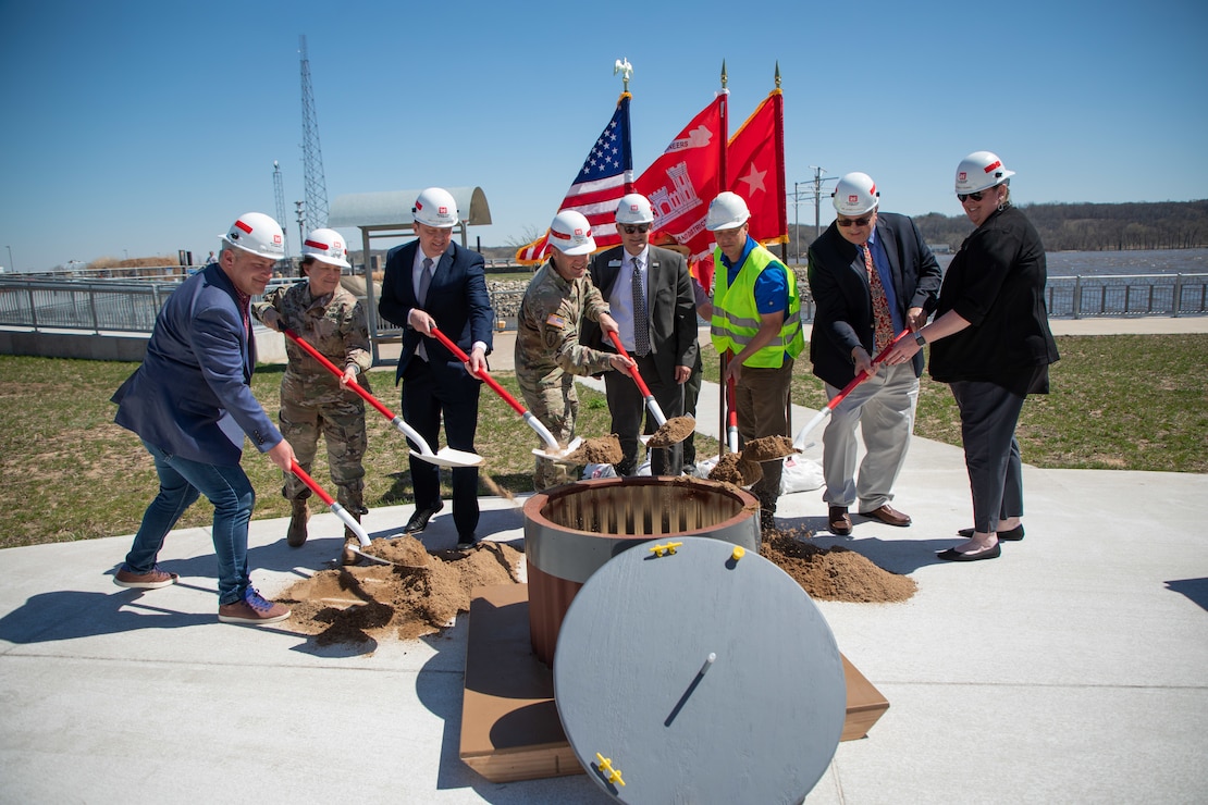 A groundbreaking ceremony was held April 12, 2023 for the Lock and Dam 14 Mooring Cell project on the Mississippi River.