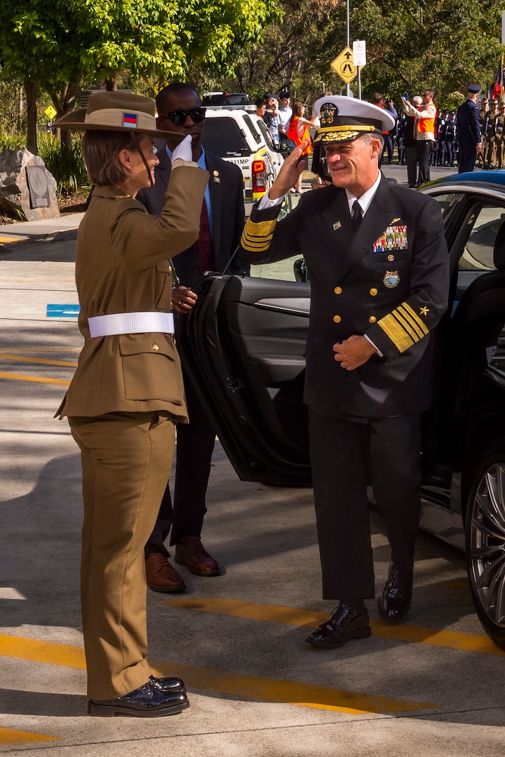 U.S. Navy Adm. John C. Aquilino, commander of U.S. Indo-Pacific Command, right, returns a salute to a Guardsman with Australia’s Federation Guard upon arrival for the 33rd Australia-United States Ministerial Consultations (AUSMIN) during Talisman Sabre 23 at Gallipoli Barracks in Queensland, Australia, July 28, 2023. AUSMIN is the main annual forum for bilateral consultations between the U.S. and Australia. Talisman Sabre is the largest bilateral military exercise between Australia and the United States advancing a free and open Indo-Pacific by strengthening relationships and interoperability among key Allies and enhancing our collective capabilities to respond to a wide array of potential security concerns. (U.S. Navy photo by Mass Communication Specialist 1st Class Joey Rolfe)