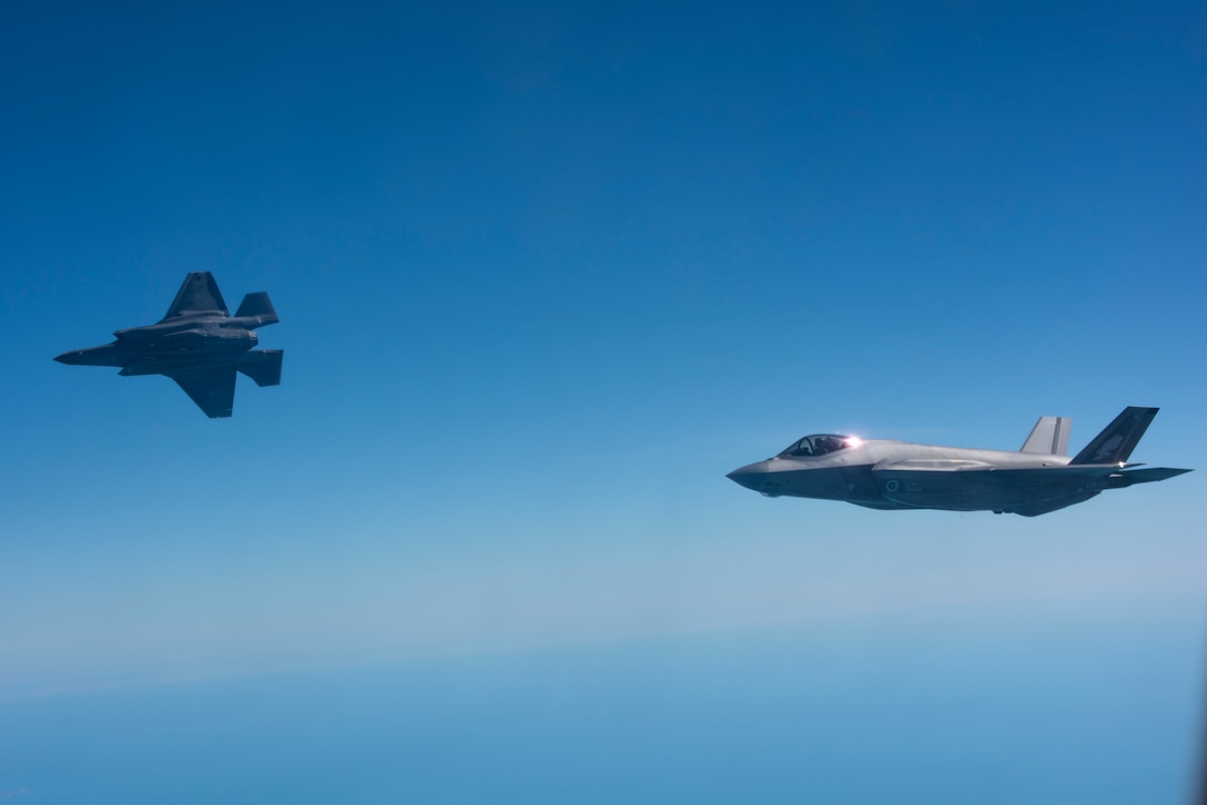 Royal Australian Air Force (RAAF) F-35A Lightning IIs, assigned to No. 3 Squadron, maneuvers after receiving fuel from a RAAF KC-30A Multi-role Tanker Transport over Australia during Talisman Sabre 23, July 23, 2023. Talisman Sabre is the U.S.’s largest bilateral exercise in Australia that demonstrates the capability to rapidly deploy and operate to accomplish a wide range of missions alongside joint and allied partners to ensure a free and open Indo-Pacific. (U.S. Air Force photo by Tech. Sgt. Eric Summers Jr.)