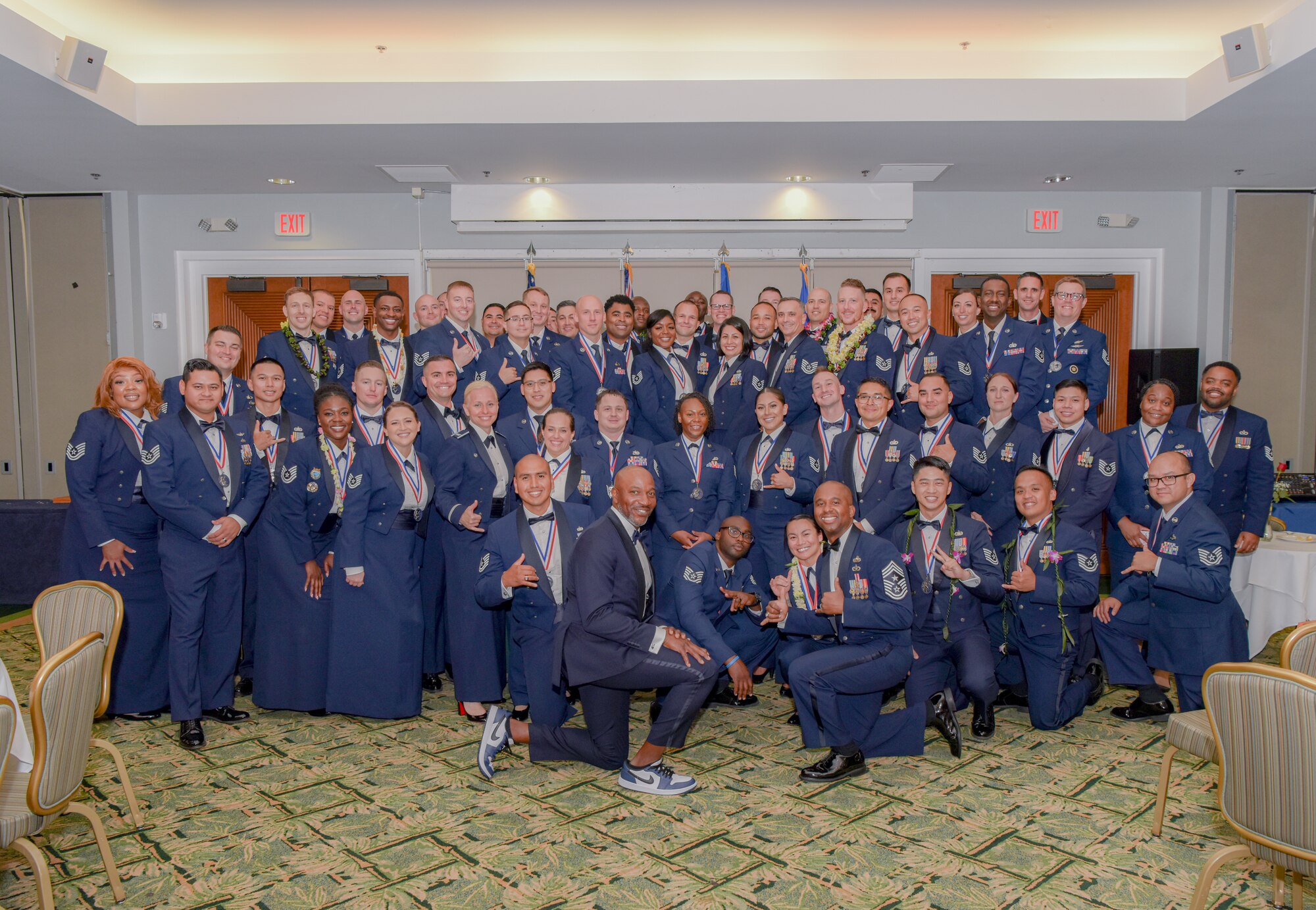 U.S. Air Force Technical Sergeants pose for a group photo with Kaleth O. Wright, Former Chief Master Sgt. of the Air Force #18 (ret.), Col. Michele Lo Bianco, 15th Wing commander, Chief Master Sgt. Anthony Thompson Jr.,15th Wing command chief, at the conclusion of the Senior Non-Commissioned Officer induction ceremony at Joint Base Pearl Harbor-Hickam, Hawaii, July 29, 2023.
Over 60 U.S. Air Force airmen were sworn into the SNCO corps during the ceremony.
(U.S. Air Force photo by Tech. Sgt. Anthony Nelson Jr. )