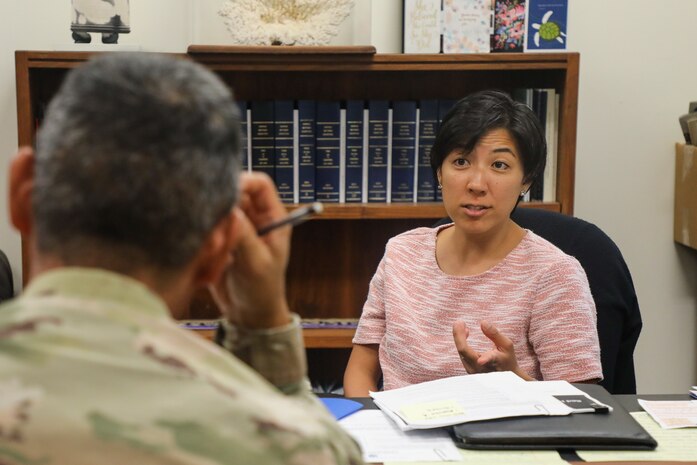 Rep. Linda Ichiyama meets with Joint Task Force-Red Hill (JTF-RH) Strategic Engagement Director, U.S. Army Brig. Gen. Lance Okamura, during a meeting at the Hawaii State Capitol, Honolulu, Hawaii, Aug. 1, 2023.