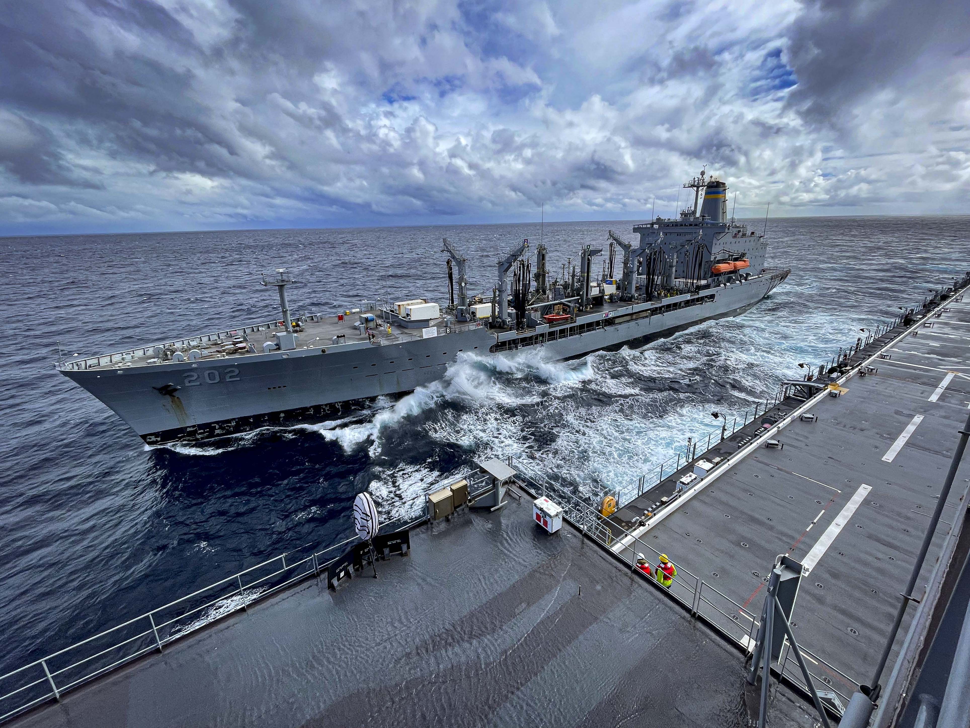 USS Bataan (LHD 5) replenishments from USNS Medgar Evers (T-AKE 13) in the Mediterranean Sea.
