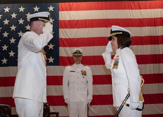 Capt. Ana Franco, prospective commanding officer of Naval Construction Battalion Center Gulfport, relieves Capt. Jeff Powell as commanding officer of the base.