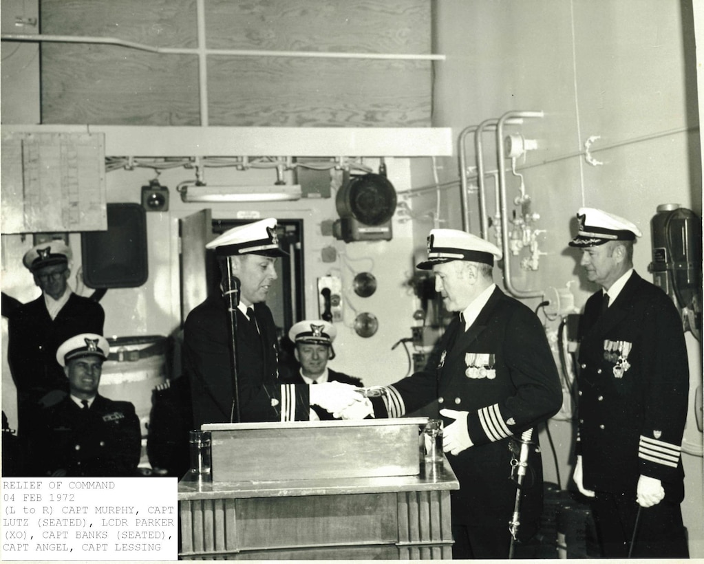 CGC Boutwell - Original caption: "RELIEF OF COMMAND 04 FEB 1972 (L to R) CAPT MURPHY, CAPT LUTZ (SEATED), LCDR PARKER (XO), CAPT BANKS (SEATED), CAPT ANGEL, CAPT LESSING.
