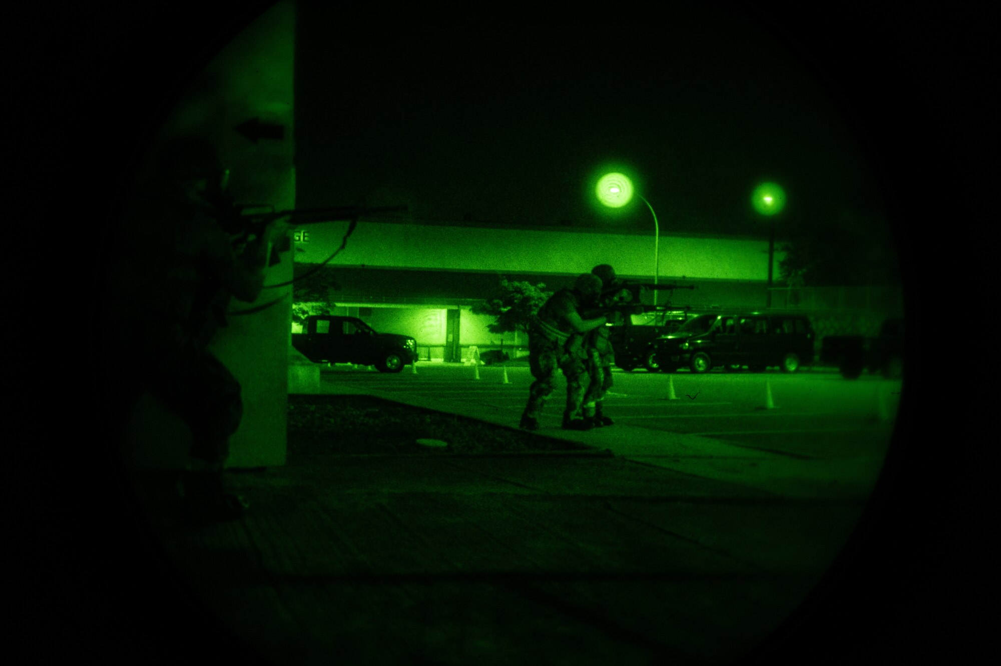 U.S. Air Force Airmen from the 51st Communications Squadron, deter opposing forces during a simulated ground attack at Osan Air Base, Republic of Korea, Aug. 1, 2023. The simulated ground attacks allow Airmen to train in a safe environment while gaining invaluable experience in countering hostile ground forces. (U.S. Air Force photo by Staff Sgt. Thomas Sjoberg)