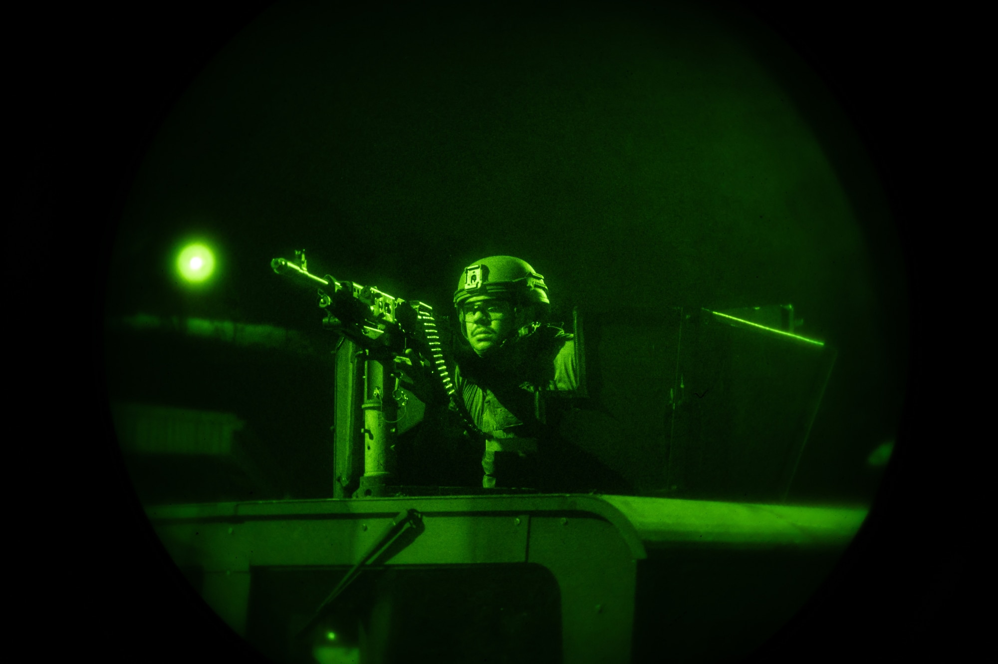 U.S. Air Force Airman Pedro Quinones, 51st Security Forces Squadron Defender, scans the area for opposing forces during a simulated ground attack at Osan Air Base, Republic of Korea, on Aug. 1, 2023. Simulated ground attacks provide crucial hands-on training for Airmen, sharpening their combat skills and improving overall situational awareness. (U.S. Air Force photo by Staff Sgt. Thomas Sjoberg)