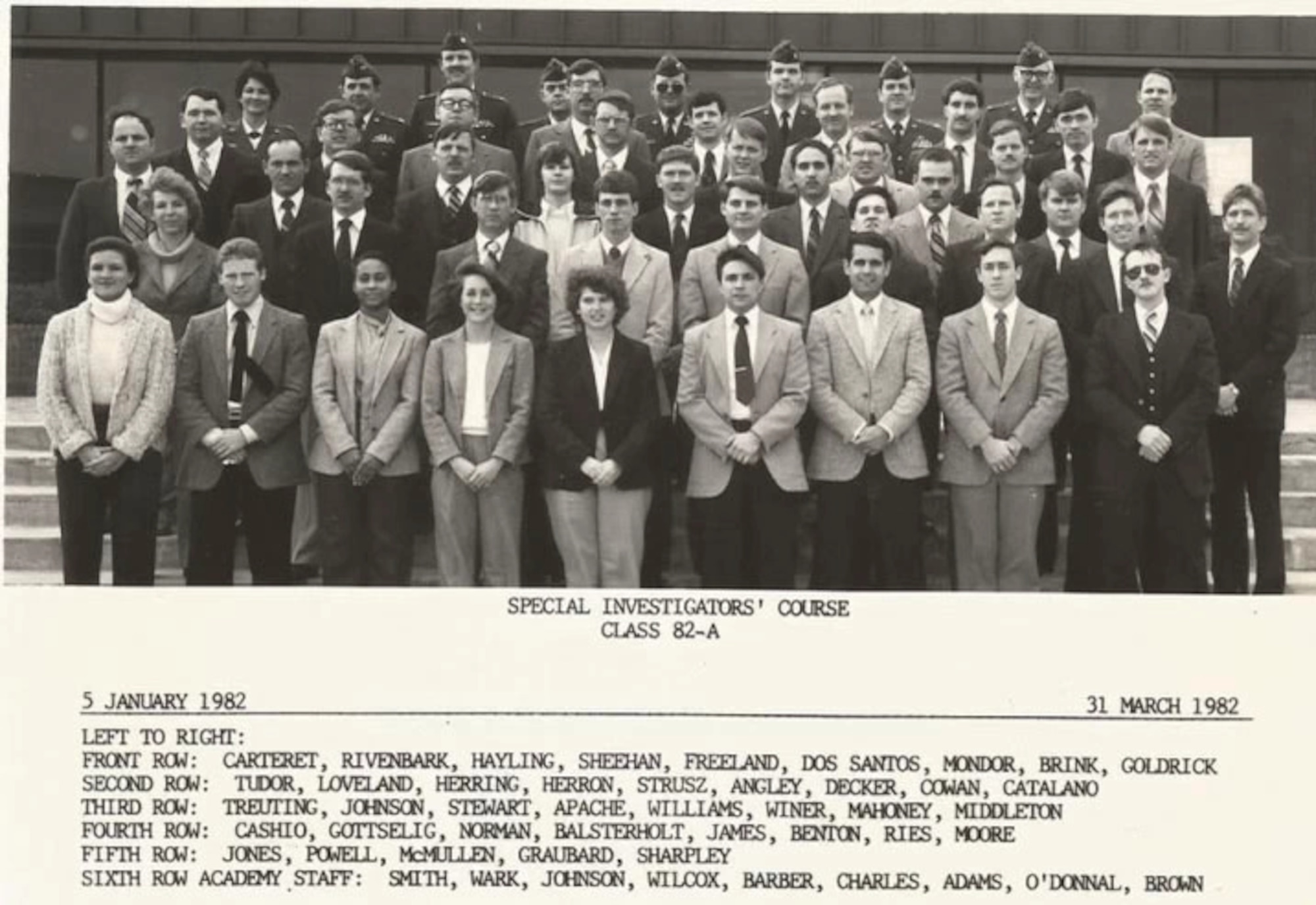 Special Agent Timothy Ries graduates from Air Force Special Investigations Course in class 82-A, March 31, 1982. Ries retired from active duty in 2000 as a lieutenant colonel and returned six days later.