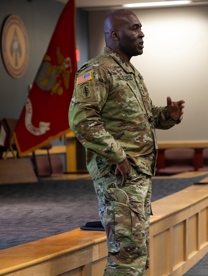 U.S. Army Lt. Gen. Antonio M. Fletcher, commander of NATO Special Operations Headquarters, speaks to Marine Raiders with Marine Forces Special Operations Command at Cognitive Raider Symposium 2023 on Camp Lejeune, North Carolina, June 22, 2023. CRS is an annual event designed to spur the creative and intellectual thought of members of the command when tackling difficult and advanced problem sets. (U.S. Marine Corps photo by Cpl. Henry Rodriguez)