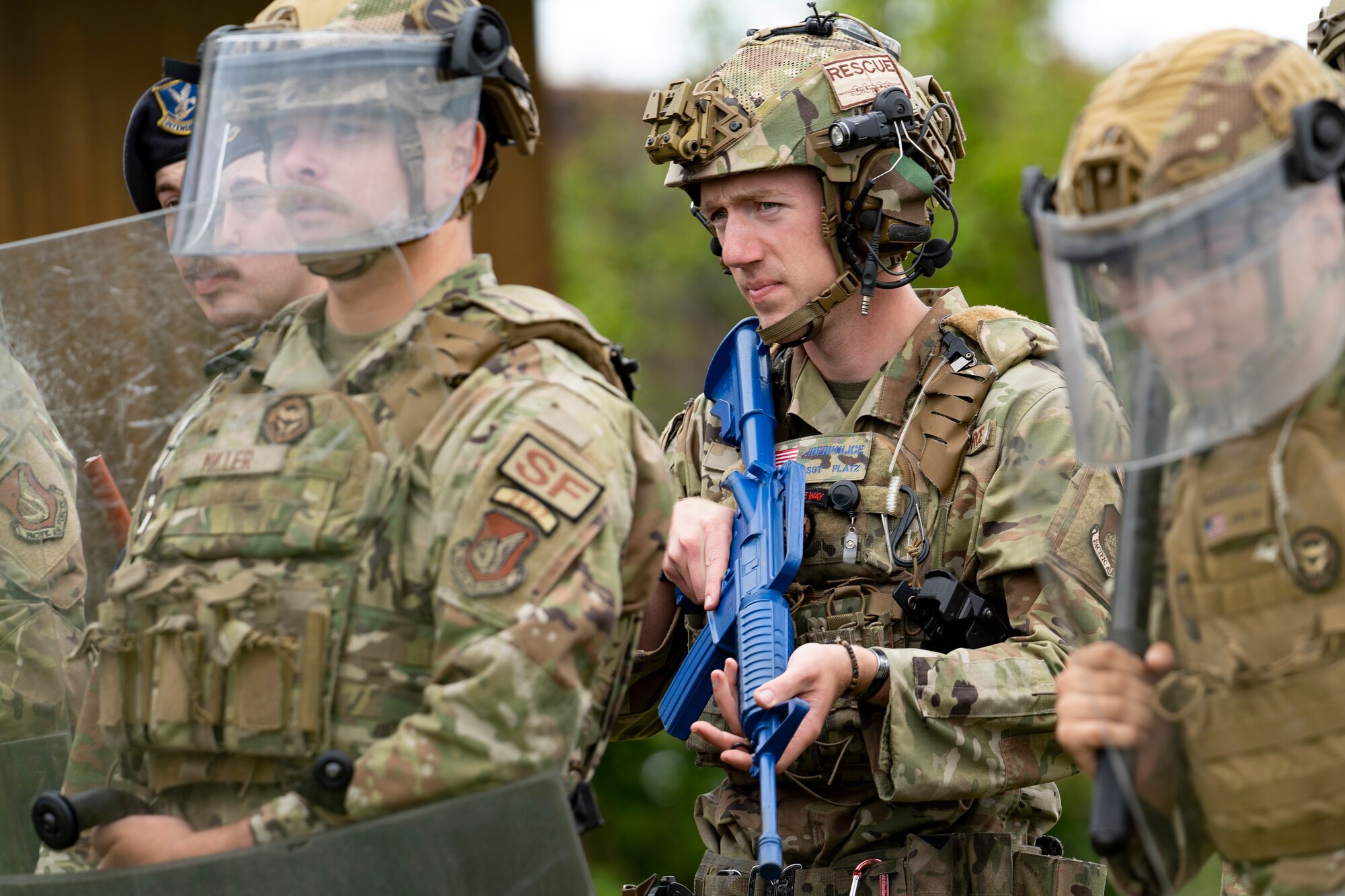 Security Forces Airmen participate in riot-control training.