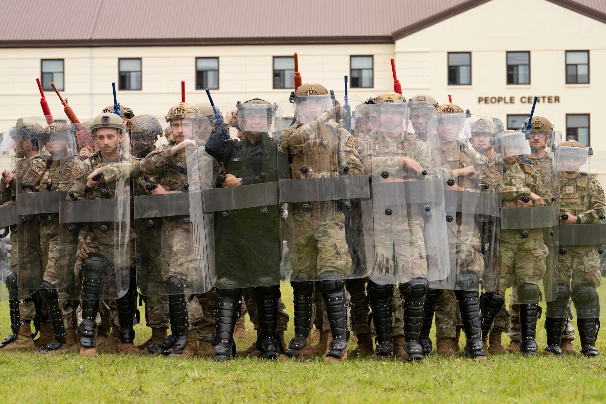 Security Forces Airmen participate in riot-control training.