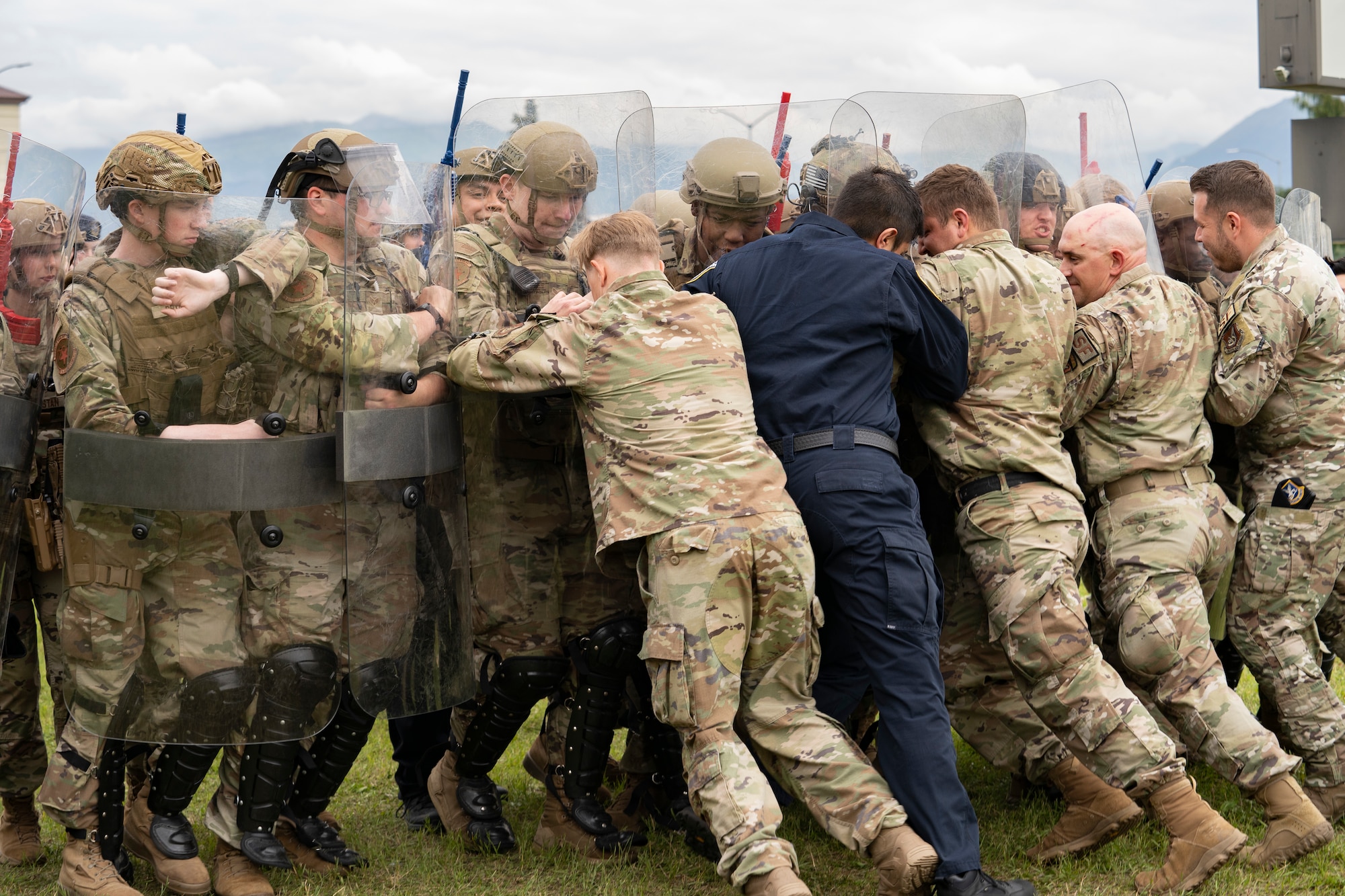 Security Forces Airmen participate in riot-control training.