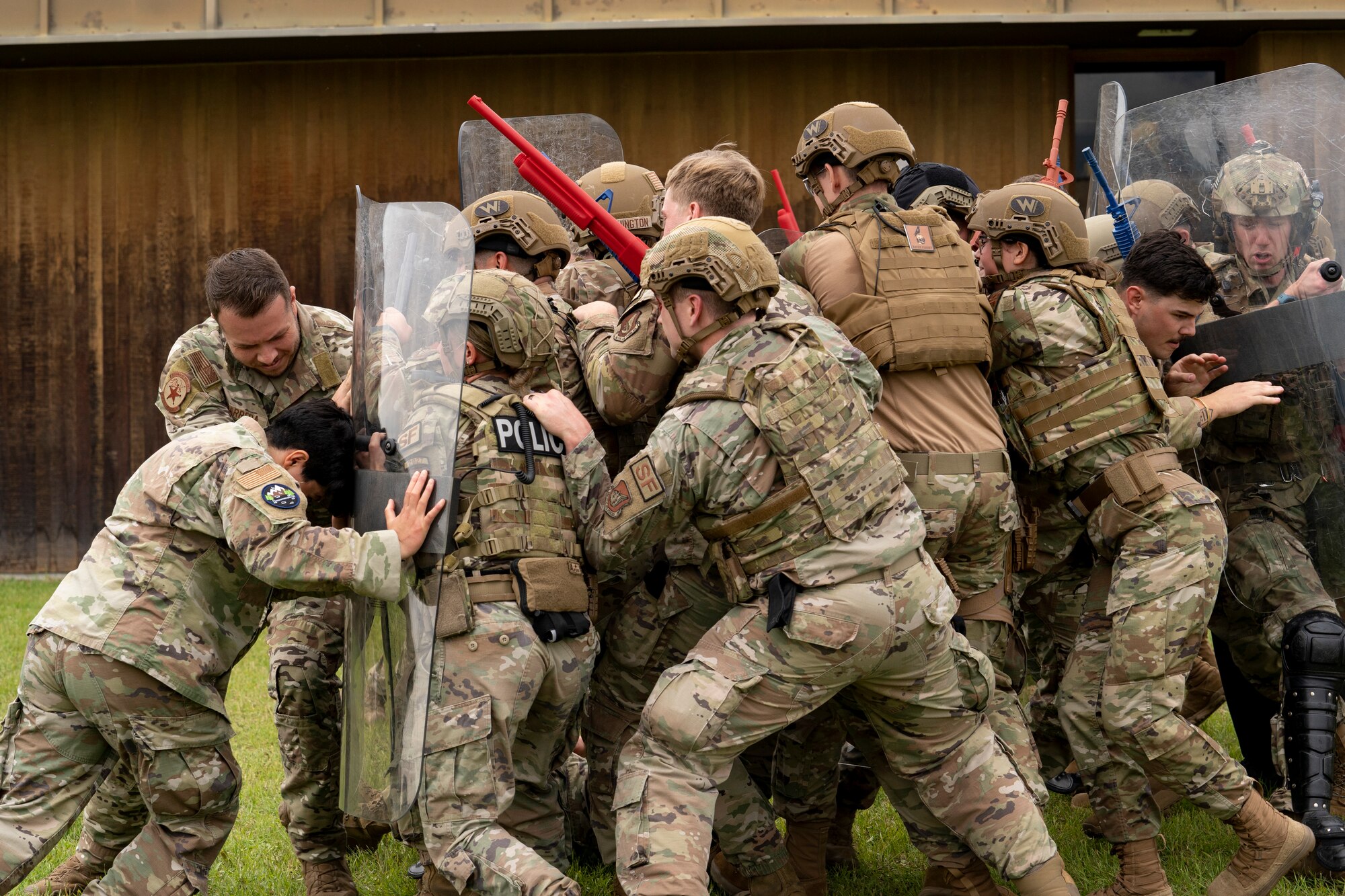 Security Forces Airmen participate in riot-control training.