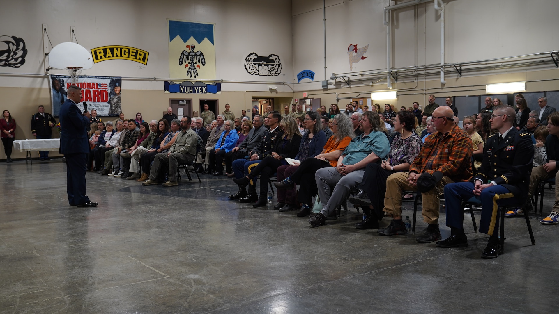Maj. Gen. Torrence Saxe, adjutant general of 
the Alaska National Guard and commissioner 
of the Department of Military and Veterans 
Affairs, talks to more than 150 community 
members July 27, 2023, at the Kodiak 
Readiness Center in Kodiak, Alaska.