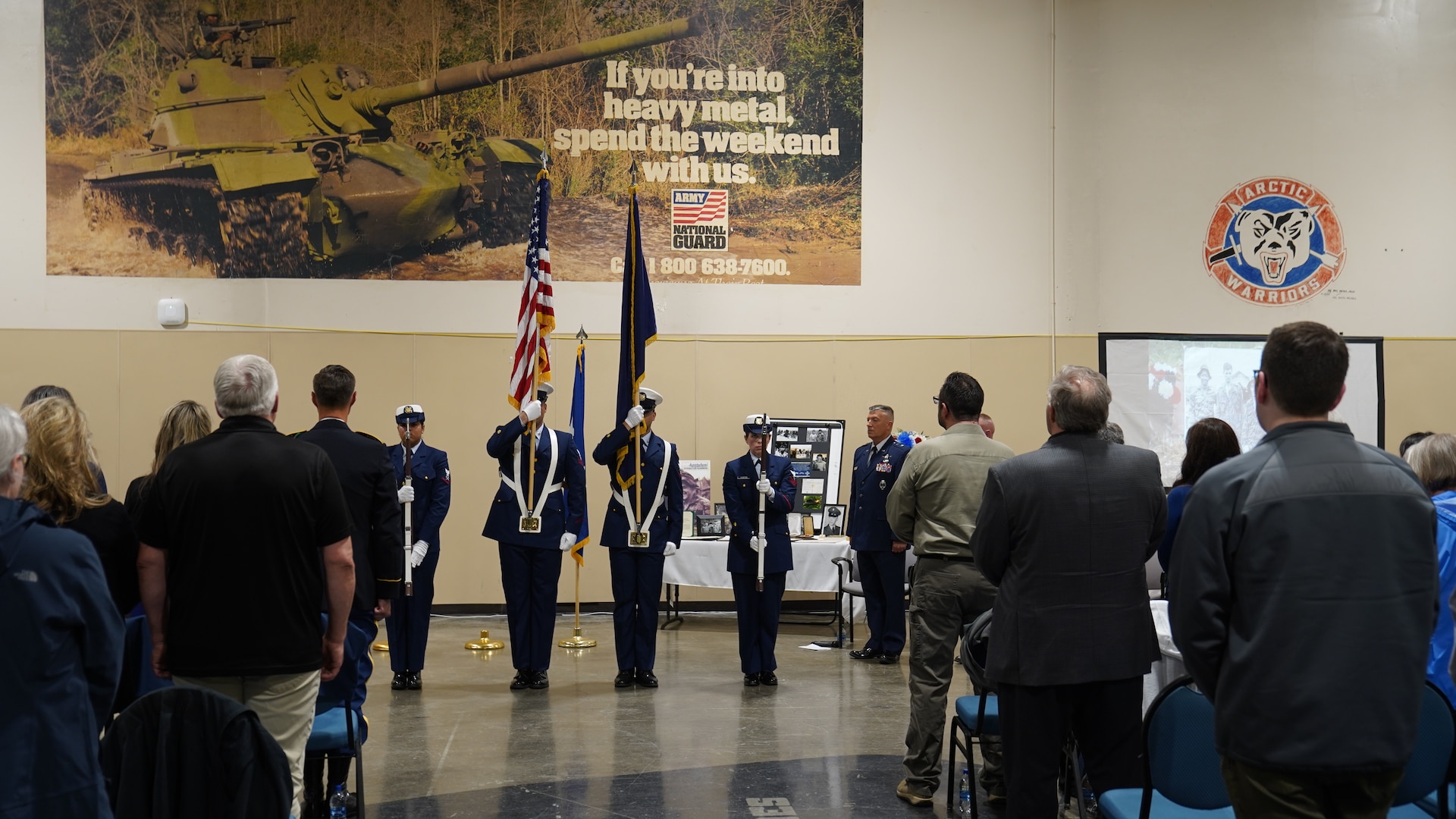 Coast Guardsmen from Coast Guard Air 
Station Kodiak present the colors during the 
memorialization ceremony July 27, 2023, at 
the Kodiak Readiness Center in Kodiak, 
Alaska. The Alaska Army National Guard 
memorialized the Kodiak Armory Readiness 
Center in honor of the service and sacrifice of 
Kodiak native, Specialist Four Daniel Lee 
Harmon, during a public ceremony.