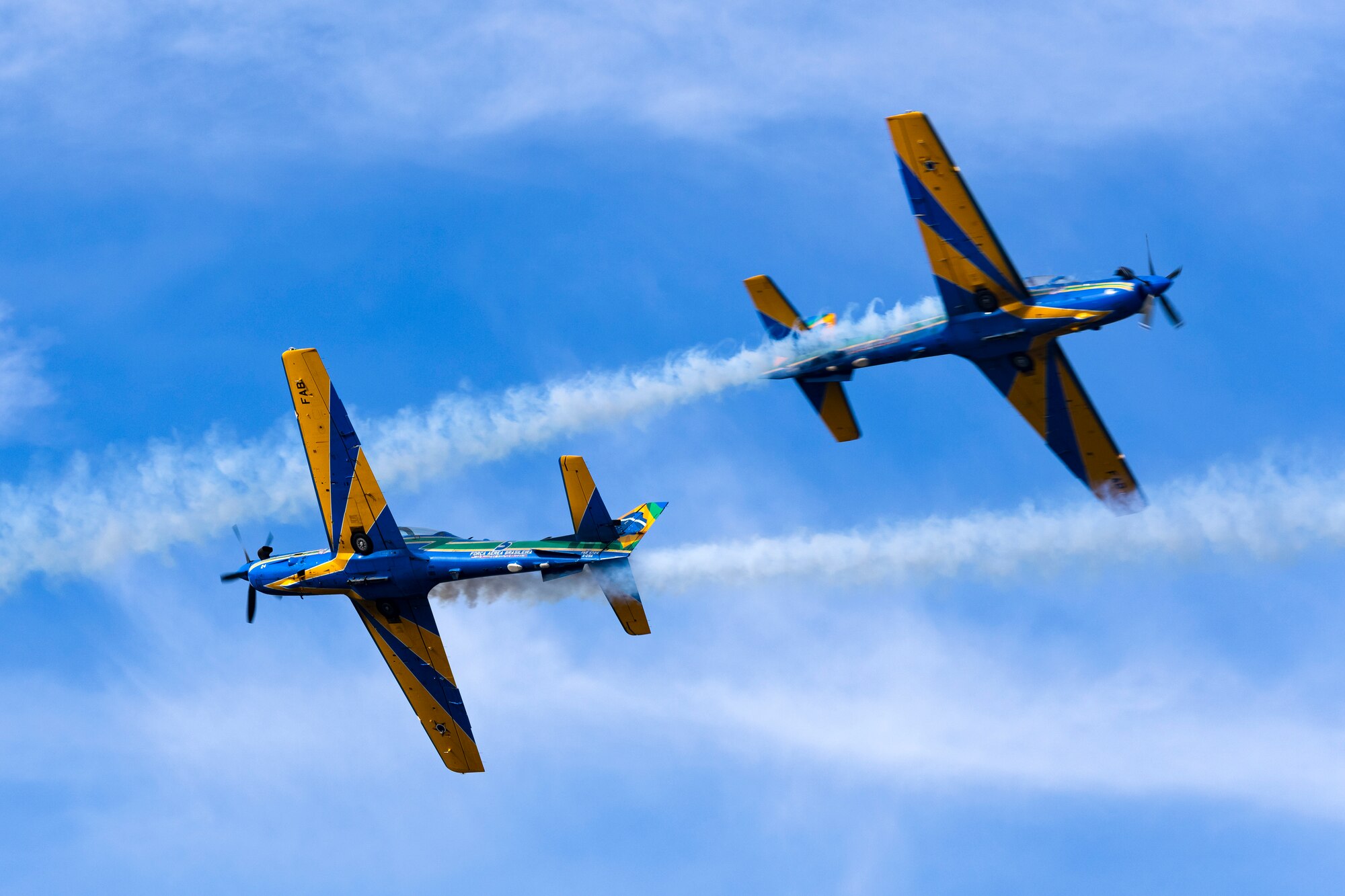 The Brazilian Air Force air demonstration squadron, Esquadrilha da Fumaça “Smoke Squadron” performs acrobatic maneuvers during F-AIR Colombia International Aeronautics and Space Fair at the José María Córdova Airport in Rionegro, Colombia, July 16, 2023. Public events such as airshows build upon longstanding partnerships and offer an opportunity to showcase air and space capabilities. U.S. Air Force photo by Tech. Sgt. Rachel Maxwell
