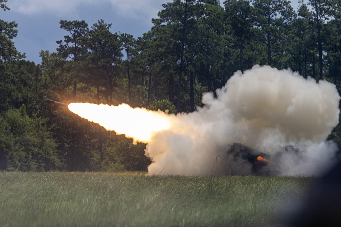 U.S. Marines with 2d Battalion, 10th Marine Regiment, 2d Marine Division fire a High Mobility Artillery Rocket System during a Marine Corps Combat Readiness Evaluation (MCCRE) on Camp Lejeune, North Carolina, July 30, 2023. The purpose of a MCCRE is to formally evaluate the unit’s combat readiness in preparation for deployment. (U.S. Marine Corps photo by Lance Cpl. Osmar Gutierrez)