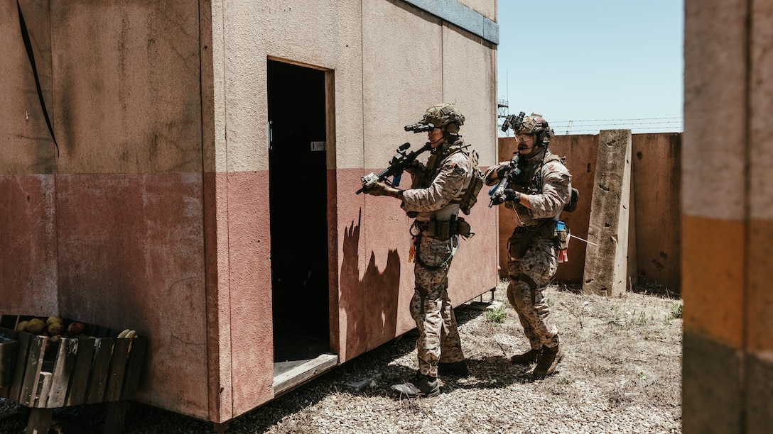 U.S. Marines with Task Force 61/2.5 (Force Reconnaissance Company), clear buildings during Military Operations on Urbanized Terrain training in Rota, Spain on June 13, 2023. Task Force 61/2.5 provides naval and joint force commanders with dedicated multi-domain reconnaissance and counter reconnaissance (RXR) capabilities. (U.S. Marine Corps photo by Lance Cpl. Emma Gray)