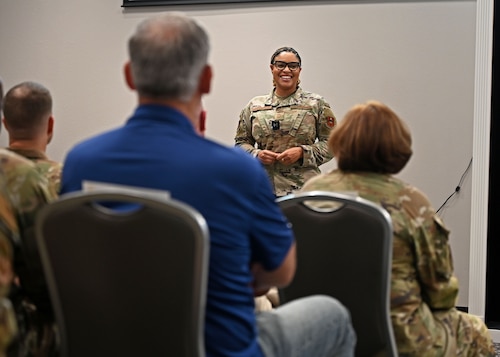 U.S. Air Force Chief Master Sgt. Khamillia Washington, 17th Training Wing command chief, introduces herself at the Powell Event Center, Goodfellow Air Force Base, Texas, July 28, 2023. Washington assumed responsibilities of the 17th TRW command chief on July 24, 2023. (U.S. Air Force photo by Senior Airman Sarah Williams)