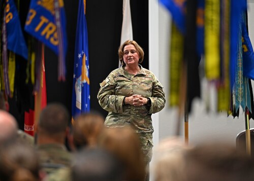U.S. Air Force Col. Angelina Maguinness, 17th Training Wing commander, addresses members of the 17th TRW at the Powell Event Center, Goodfellow Air Force Base, Texas, July 28, 2023. Maguinness discussed her command philosophy encompassing the Air Force Core Values. (U.S. Air Force photo by Senior Airman Sarah Williams)