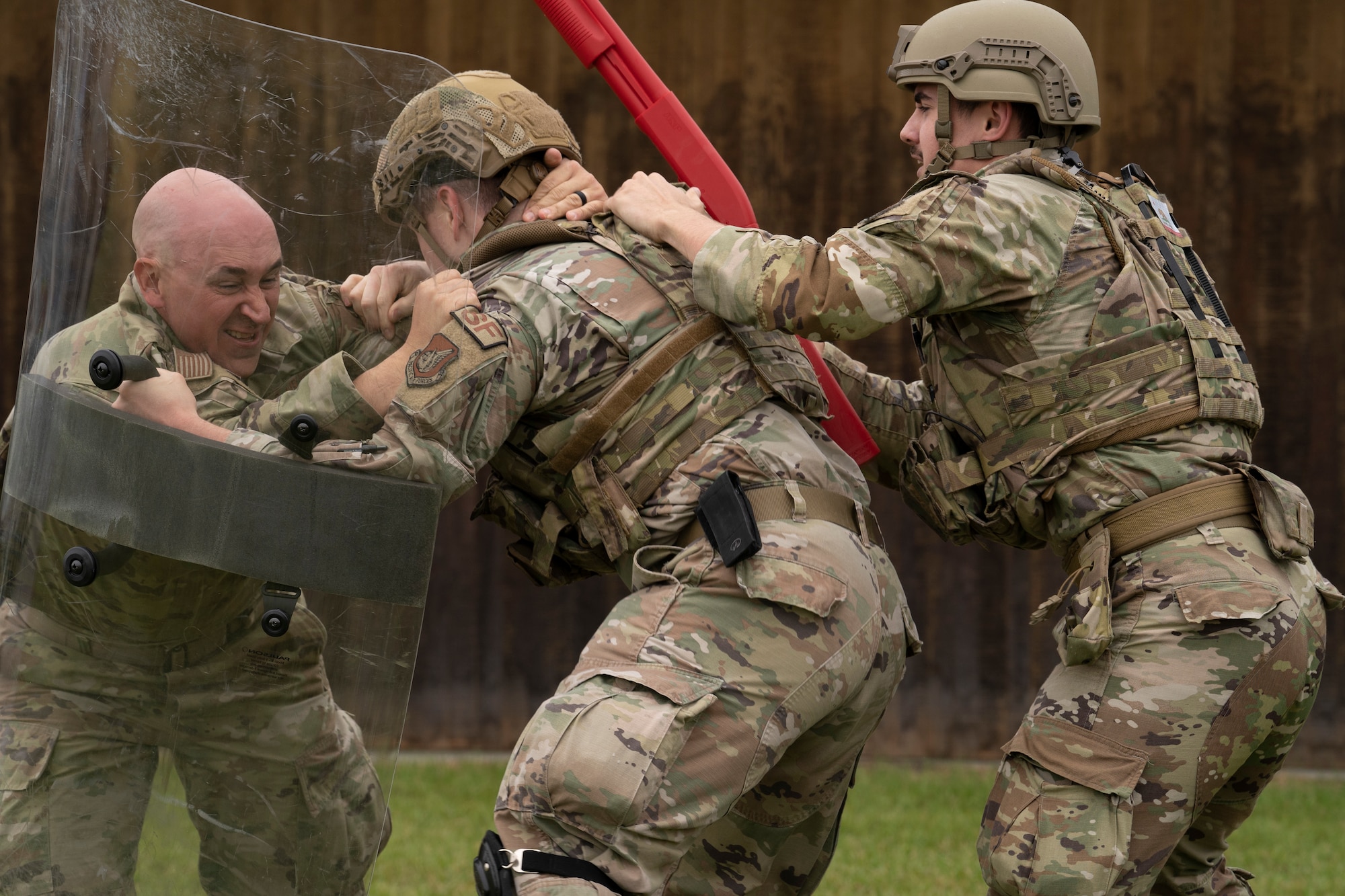 Security Forces Airmen participate in riot-control training.