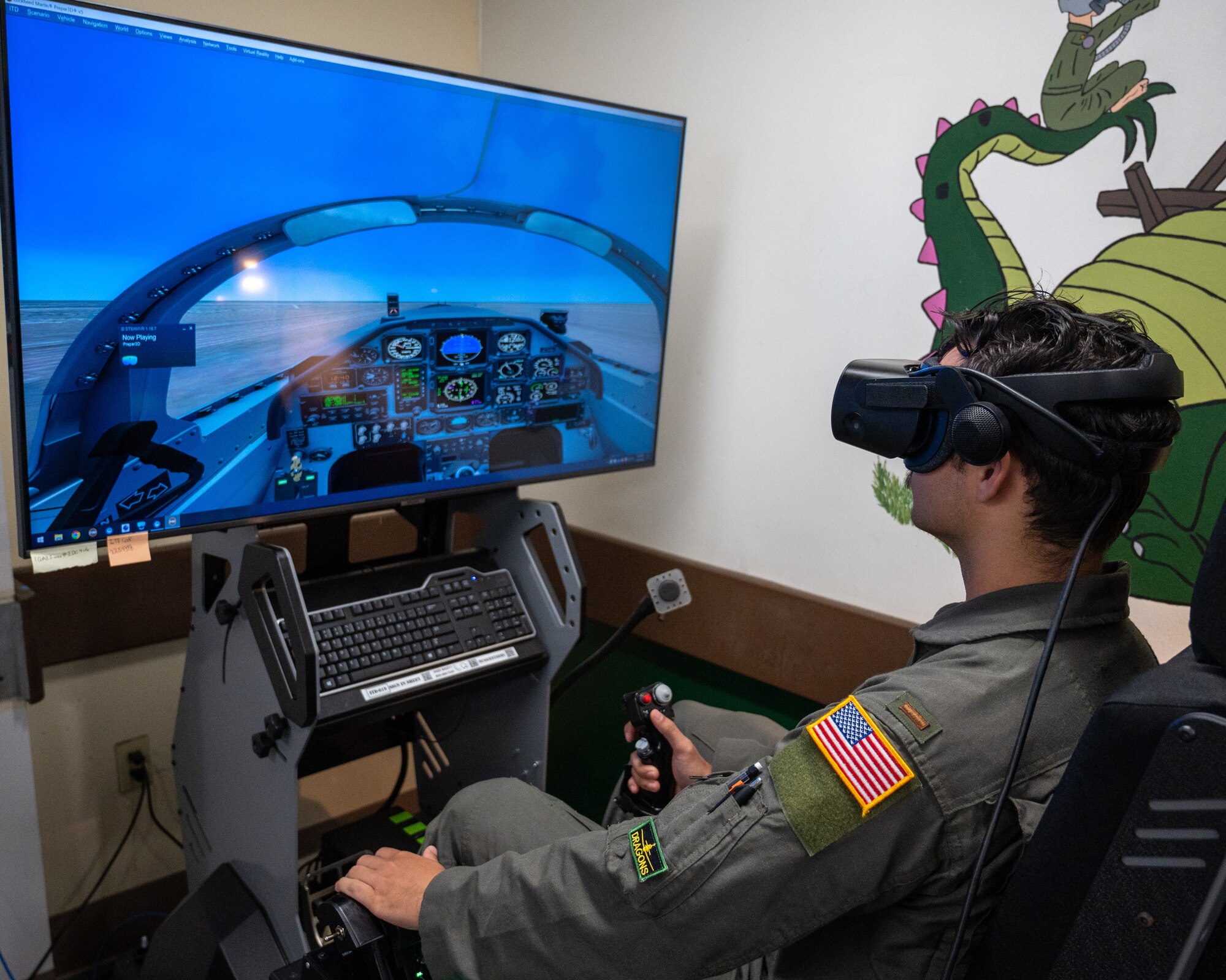 U.S. Air Force 2nd Lt. Christian Lobiondo, 47th Student Squadron student pilot, takes off in a T-6 Texan II in virtual reality at Laughlin Air Force Base, Texas, July 20, 2023. VR units have been installed into classrooms at Laughlin, allowing students to rapidly practice lessons taught earlier. (U.S. Air Force photo by Senior Airman Nicholas Larsen)