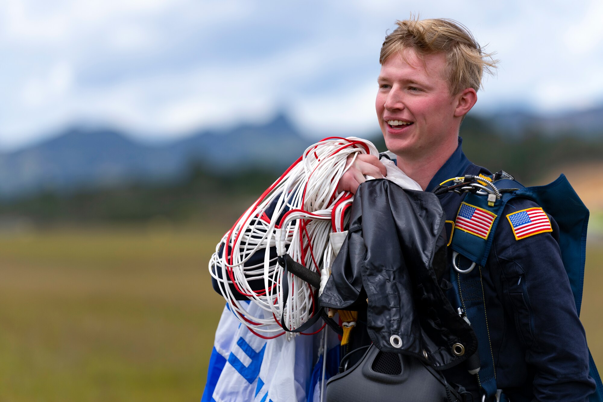 U.S. Air Force Academy Cadet First Class Cole Bitting, Wings of Blue, completes a precision parachuting demonstration during F-AIR Colombia International Aeronautics and Space Fair at the José María Córdova Airport in Rionegro, Colombia, July 16, 2023. Public events such as airshows build upon longstanding partnerships and offer an opportunity to showcase air and space capabilities. U.S. Air Force photo by Tech. Sgt. Rachel Maxwell