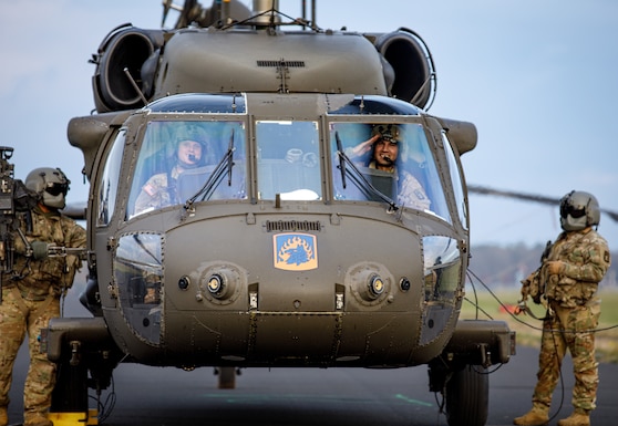 A U.S. Army UH-60 Black Hawk helicopter from 1st Battalion, 214th Aviation Regiment (General Support Aviation Battalion), 12th Combat Aviation Brigade, prepares for flight during exercise Falcon Autumn 22 at Vredepeel, Netherlands, Nov. 4, 2022. 12 CAB is among other units assigned to V Corps, America's Forward Deployed Corps in Europe. They work alongside NATO Allies and regional security partners to provide combat-ready forces, execute joint and multinational training exercises, and retain command and control for all rotational and assigned units in the European Theater. (U.S. Army photo by Staff Sgt. Thomas Mort)