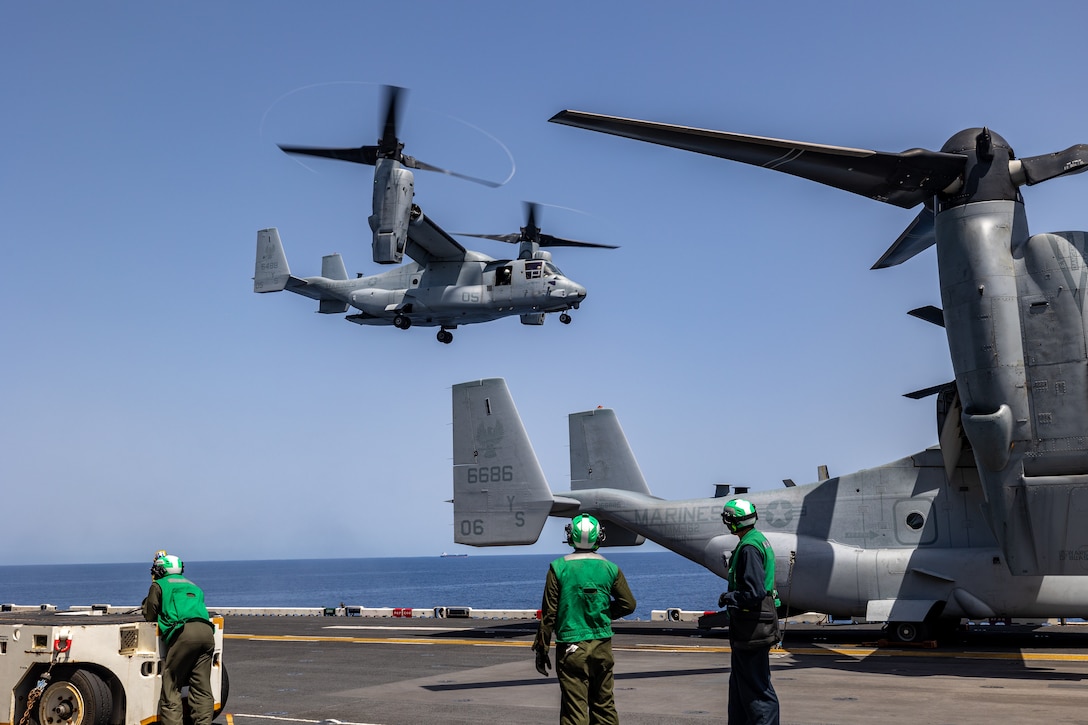 U.S. Marines with the 26th Marine Expeditionary Unit (Special Operations Capable)’s (MEU(SOC)), Maritime Special Purpose Force, prepare to depart the Wasp-class amphibious assault ship USS Bataan (LHD 5), Mediterranean Sea, July 28, 2023. The Marines are headed to Bahrain to conduct training on a wide range of capabilities. The 26th MEU(SOC), embarked with the Bataan Amphibious Ready Group, continues to maximize training opportunities across the Marine Air-Ground Task Force while on a scheduled deployment as the Immediate Response Force and Tri-Geographic Combatant Command Crisis Force within the Fifth and Sixth Fleet’s area of responsibility. (U.S. Marine Corps photo by Cpl. Nayelly Nieves-Nieves)