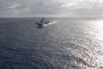 ATLANTIC OCEAN (July 20, 2023) Wasp-class amphibious assault ship USS Bataan (LHD 5) conducts routine operations in the Atlantic Ocean. USS Bataan, along with the San Antonio-class amphibious transport dock ship USS Mesa Verde (LPD 19) and the Harper’s Ferry class dock landing ship USS Carter Hall (LSD 50) are currently on a scheduled deployment to the U.S. 5th and U.S. 6th Fleet areas of responsibility. The U.S. Navy and U.S. Marine Corps routinely participate in scheduled deployments to improve combined combat readiness, increase operational capacity, and strengthen relationships among allies and partners throughout the region. (U.S. Navy photo by Mass Communication Specialist 2nd Class Danilo Reynoso)