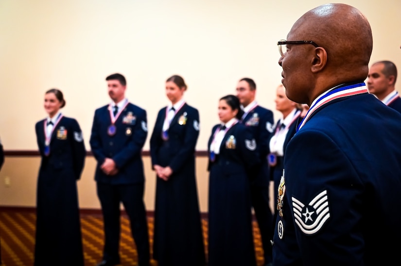 U.S. Air Force Master Sgt. selects assigned to McGuire Air Force Base participate in a Senior Noncommissioned Officer Induction Ceremony held at Joint Base McGuire-Dix-Lakehurst, N.J. on 28 August, 2023. The ceremony is a traditional right of passage used by SNCO's to convey to newly promoted Sergeant's the special pride felt when a service member enters the highest echelon of the NCO Corps.