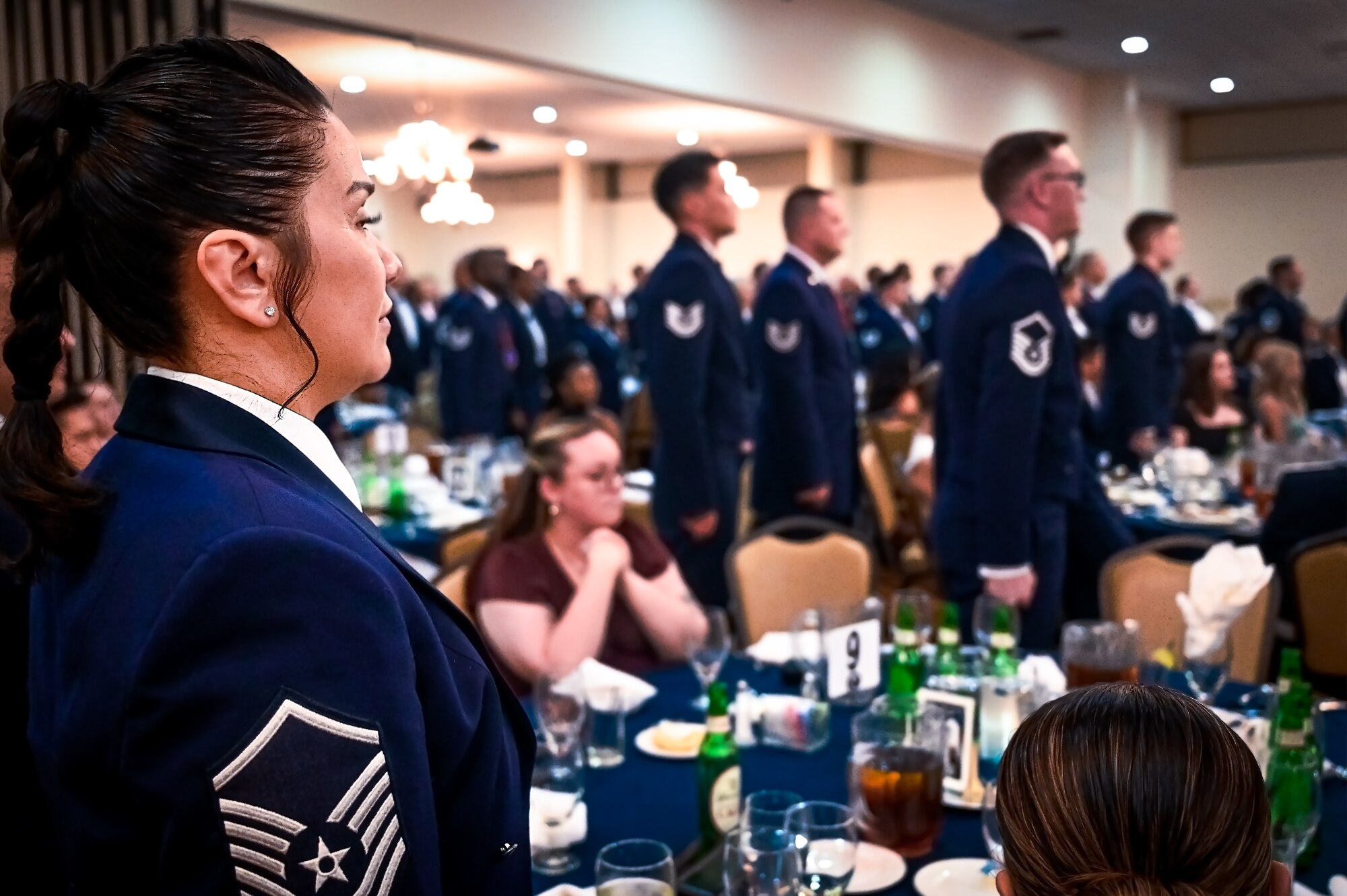 U.S. Air Force Master Sgt. selects assigned to McGuire Air Force Base participate in a Senior Noncommissioned Officer Induction Ceremony held at Joint Base McGuire-Dix-Lakehurst, N.J. on 28 August, 2023. The ceremony is a traditional right of passage used by SNCO's to convey to newly promoted Sergeant's the special pride felt when a service member enters the highest echelon of the NCO Corps.
