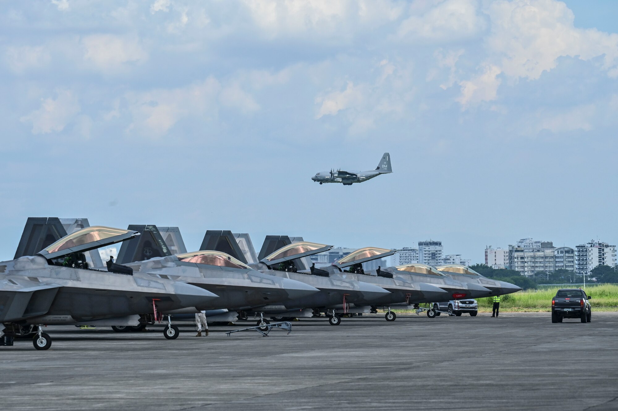 Two U.S. Air Force HC-130J Combat King IIs are being displayed on the flight line during exercise Cope Thunder 23-2 at Clark Air Base, Philippines, July 10, 2023.  Training alongside our Philippine Air Force counterparts allows us to demonstrate a shared vision of maintaining security, stability, prosperity, and peace throughout the Indo-Pacific. (U.S. Air Force photo by Senior Airman William Turnbull)