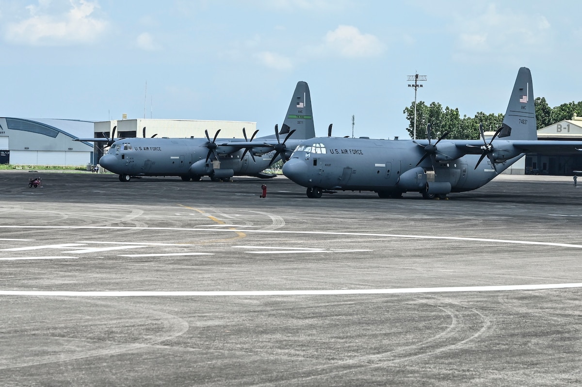 Two U.S. Air Force HC-130J Combat King IIs are being displayed on the flight line during exercise Cope Thunder 23-2 at Clark Air Base, Philippines, July 10, 2023.  Training alongside our Philippine Air Force counterparts allows us to demonstrate a shared vision of maintaining security, stability, prosperity, and peace throughout the Indo-Pacific. (U.S. Air Force photo by Senior Airman William Turnbull)