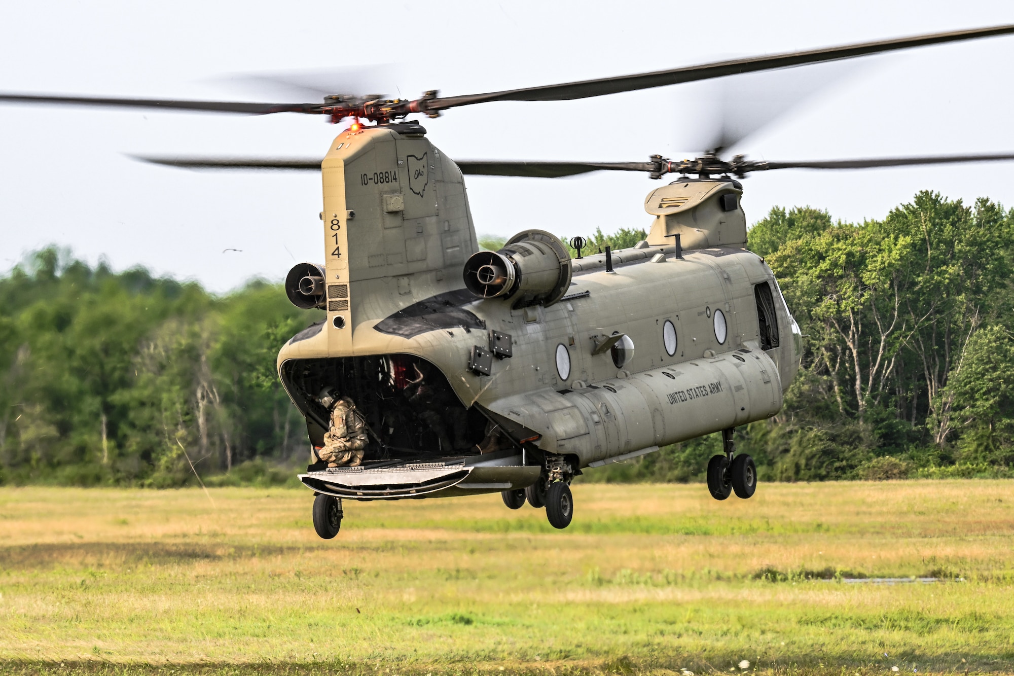 An Ohio National Guard CH-47 Chinook helicopter takes off from Camp James A. Garfield Joint Military Training Center, Ohio, on July 25, 2023.